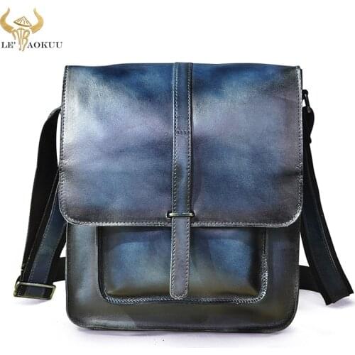 Cow Real Leather Fashion Blue Mochila Shoulder Tablet Pad Book Bag Male Designer Messenger Crossbody Satchel Bag For Men 5867
