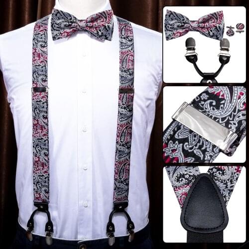 Barry.Wang Men Silk Suspender Set Y-shape Leather Braces 6 Clips Gray Floral Strap Vintage Elastic Suspender for Shirt Suit 2002