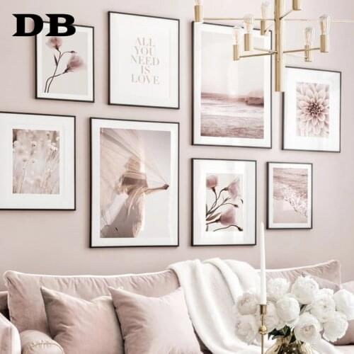 Beach Wave Sunset Girl Pink Pastel Flower Grass Nordic Poster Wall Art Print Canvas Painting Decoration Pictures For Living Room