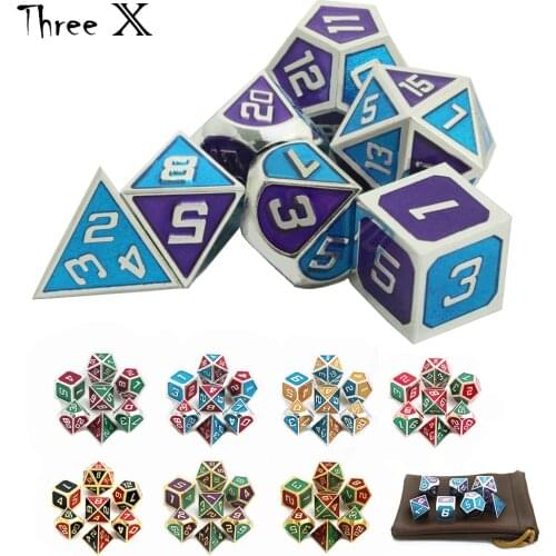 Polyhedral Metal Dices Set Zinc Alloy with Enamel Solid for DND Game Tabletop RPG Math Teaching 7 Pieces Leather Bag