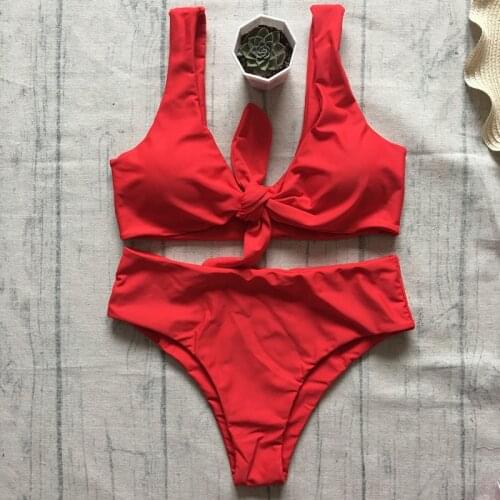 Sexy High Waist Bikini Women Swimwear Solid Red Backless Push Up Padded Biquini Female Brazilian Front Tie Bathing Suit Swimsuit