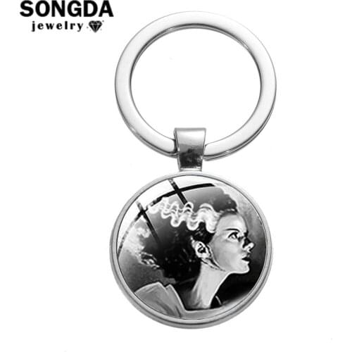 SONGDA Gothic Bride Of Frankenstein Keychain Old Photo Glass Gem Charm Key Ring Traditional Frankenstein and His Bride Key Chain