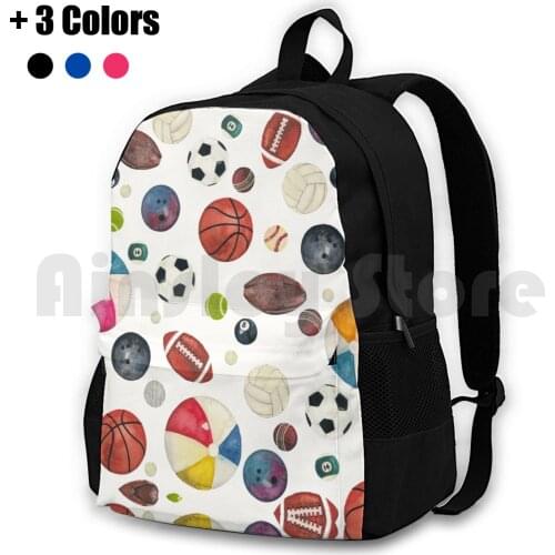 Sporty Night Outdoor Hiking Backpack Waterproof Camping Travel Watercolor Sports Balls Nostalgia Games Play School Basketball