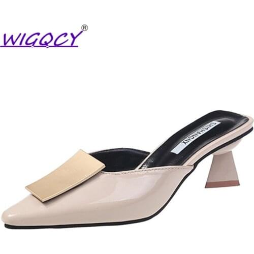 Pointed Toe White High heels Muller slippers women 2019 summer shoes woman Fashion Metal Decoration Shallow Party female shoes