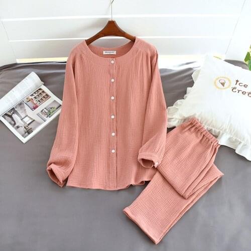-spring and Autumn Ladies Pajamas Suit Cotton Crepe Long-sleeved Trousers Two-piece Buttoned Home Service Women