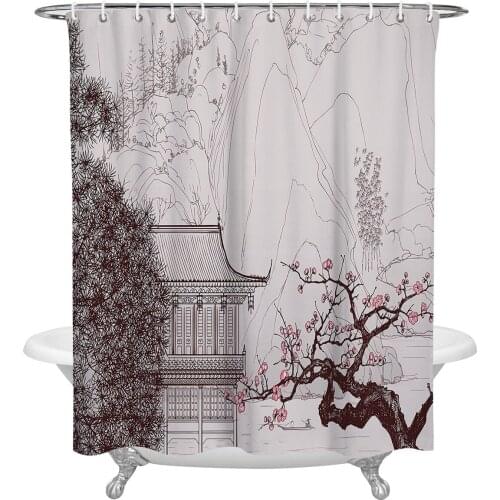 Plum Blossom Trees Flowers House Shower Curtain Waterproof Polyester Fabric Shower Curtains Home Decoration Curtain with Hook