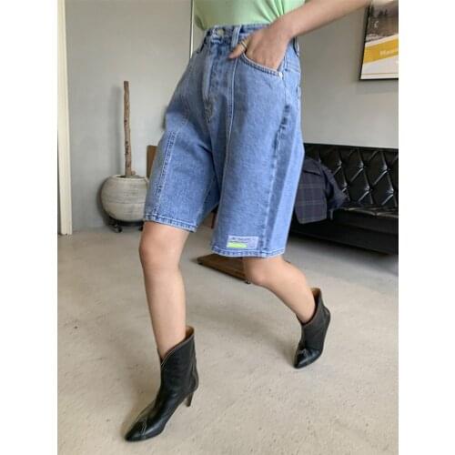 2021 Summer Washed Denim Straight Shorts For Women High Waist Loose Half Jeans Pants Female Blue Vintage Patch Design P027