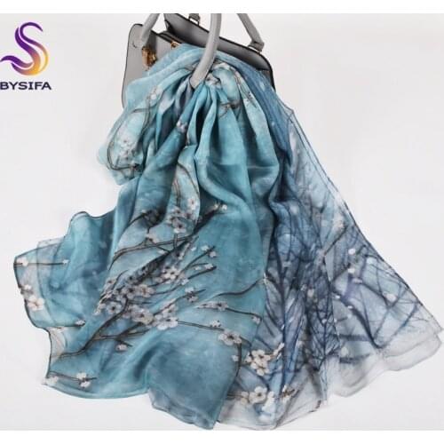 BYSIFA| Grey Blue 100% Silk Scarf Shawl Printed Chinese Style Women Elegant Long Scarves Wraps Summer Beach Shawl Cover-ups