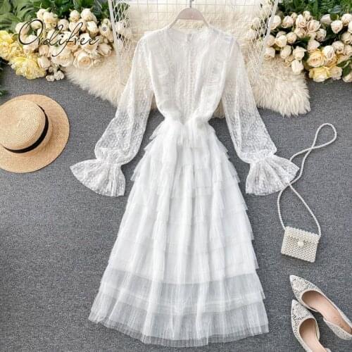 Ordifree 2021 Summer Women Long Tulle Dress Long Sleeve Mesh White Lace Crochet Ruffle Maxi Beach Dress Vocation