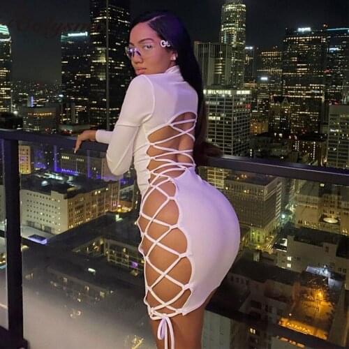 Colysmo Bodycon Dress Sexy Cut out Split Drawstring Lace up Backless Long Sleeve Dresses Woman Party Night Outfits 2020 Fall New