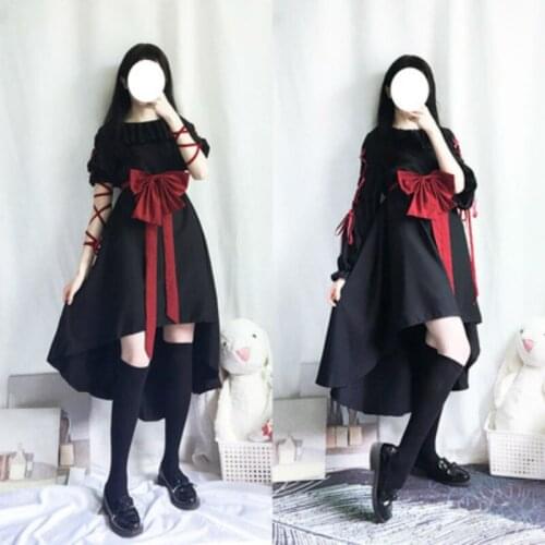 Women Japanese Vintage Harjuku Gothic Lolita Dress Kawaii Core Dark Girl Black Bandage Long Sleeve OP Dresses Lolis Bow Dress