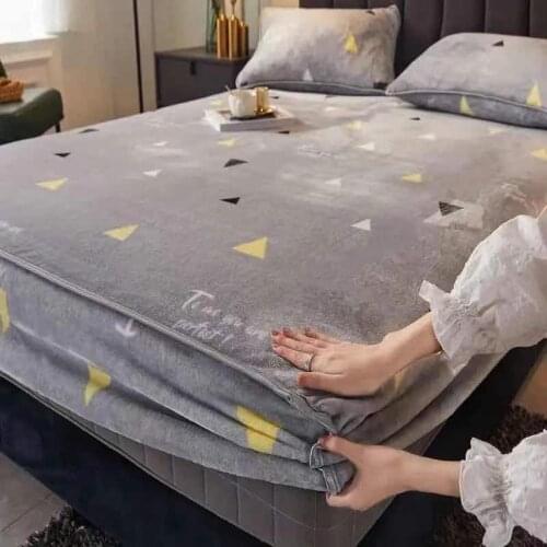 Winter Warm Cartoon Flannel Elastic Band Fitted Sheet Mattress Protector Cover Super Soft King Size Double Bed Bed Sheet