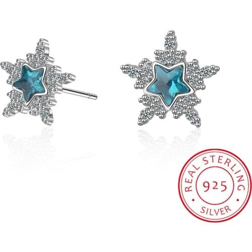 100% 925 Solid Sterling Silver Jewelry Blue Star With Luxury Cz Crystal Stud Earrings For Women Teen Girl Friend Kid Lady Gift
