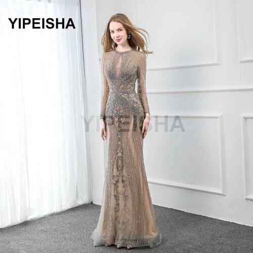 2021 New Luxury Silver Rhinestones Evening Dresses O-Neck Tulle Long Sleeve Mermaid Prom Party Gown robe de soirée de mariage