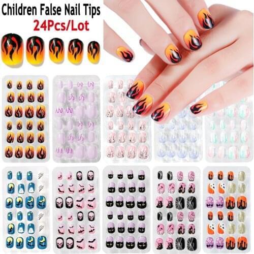 24 Pcs/lot Creative Cute False Nail Full Cover Kid Glue Self Fake Nail Art Handmade DIY Manicure Nail Decorations