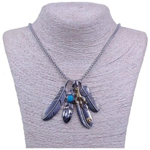 5 Styles Hiphop Feather Ethnic Sweater Claw Antique Inlay Necklace Punk Pendant Retro Long Men Boy Birthday Gift CR001-005