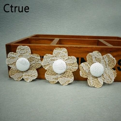 50pcs/lot 5.5cm handmade Natural Jute Burlap Hessian flower with lace DIY craft supplies vintage favor rustic wedding decoration