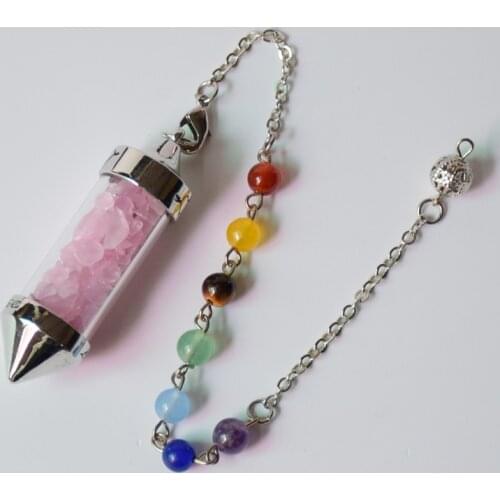 7 Chakra Stone Chain Wishing Bottle Spirit Pendulum Natural Chip Stone Crystal Filled Glass Pyramid Energy Pendant for Women Men
