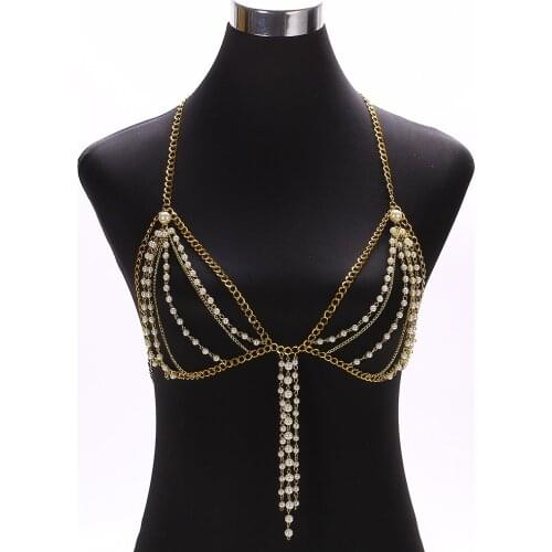 Fashion Multilayer Long Tassel Bra Chain Gold Color Halter Necklaces Women Summer Sexy Beach Pearl Body Chains