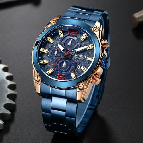 MEGIR 2021 New Rose Blue Waterproof Mens Watches with Stainless Steel Band Chronograph Male Army Military Wrist Watch Men Clock