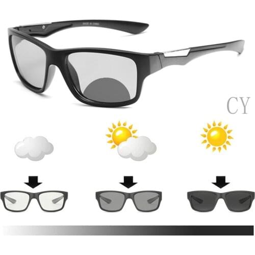 Outdoor Transition Photochromic Bifocal Reading Glasses for Mens and Womens, Square Sports Sunglasses Readers 0~+4.00 FML