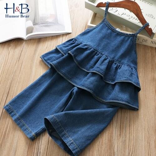 Humor Bear Summer Girls' Clothing Sets Korean Denim Suspender Jacket Top+Wide Leg Pants 2Pcs Casual Kids Clothes