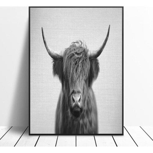 Black White Highland Calf Canvas Painting Art Print Poster Picture Wall Modern Minimalist Bedroom Living Room Decoration