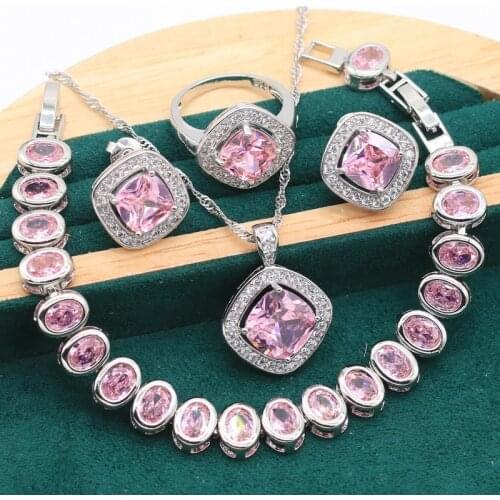 Classic 925 Sterling Silver Jewelry Set For Women Pink Crystal Bracelet Earrings Necklace Pendant Bride Ring Wedding Gift 4PCS