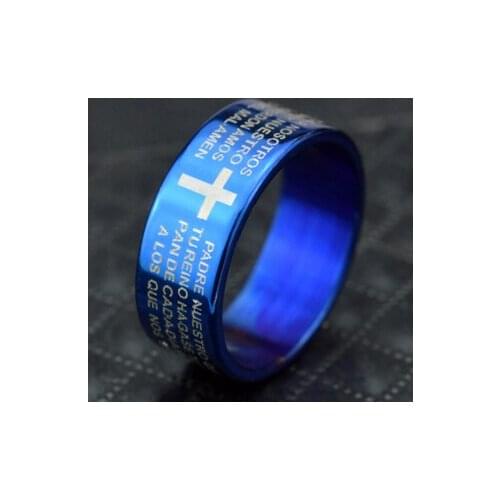 MOREDEAR 8MM 316L Stainless Steel Blue Bible Rings Titanium Steel Rings For Women and Men
