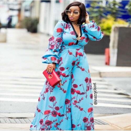 African Clothes Vintage Print Rompers Womens Wide Leg Pants Jumpsuit Fashion Lanter Sleeve V-Neck High Waist Maxi Patyclub