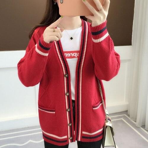 Korean Women V-neck Knit Cardigan Sweater 2021 New Spring Autumn Loose Long Sleeve Striped Pockets Casual Knitwear Coats Female