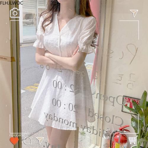 Little Small Dress Summer Party Mini Lolita Style Girls Cute Sweet V Neck Slim Wasit A Line White Lace Dresses Women Vestidos