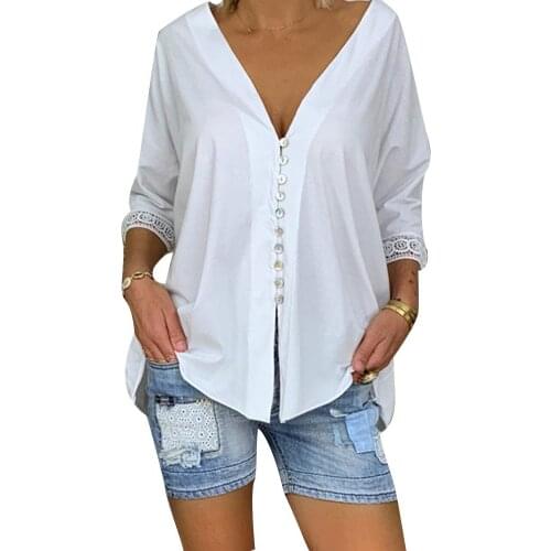 2019 Fashion New Plus Size Solid Color Women Deep V Single Breasted Lace Trim 3/4 Sleeve Blouse