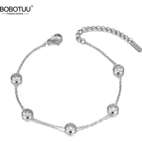 BOBOTUU Trendy Sparkling Stainless Steel 5Pcs CZ Crystal Charm Bracelets For Women Bohemia Beach Chain & Link Bracelet BB20003