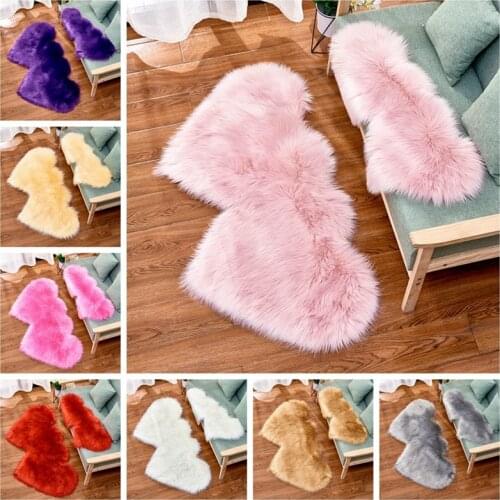 Double Love Heart Wool Artificial Fur Sheepskin Hairy Carpet Bedroom Living Room Decor Pink Blue Floor Mat Soft Shaggy Area Rugs