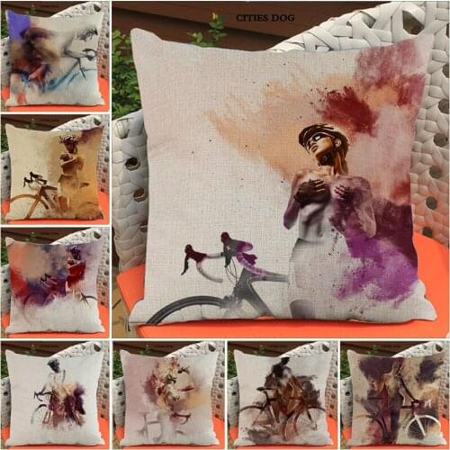 Painting watercolor Cushion Cover Sexy beauty riding bicycle linen Home living room Sofa Throw Pillow case Public place Decor