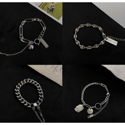 Origin Summer Cool Titanium Cuban Chain Asymmetry Round Bracelet for Women Creative Letter Smiling Face Bracelet Jewelry Gift