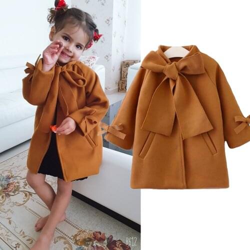 2-10Y Toddler Kids Baby Girls Overcoat Woolen Bowknot Single Breasted Coat For Girl Outerwear Winter Warm jacket Snowsuit
