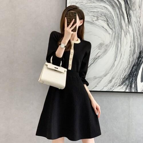 High Waist Knitted Sweater Dress Women Clothing Autumn Winter Fashion O Neck Lantern Sleeve A Line Knitted Dresses Vestidos