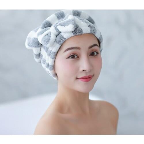 Dry Hair Towel with Bowknot Shower Cap Super Absorbent Quick-drying Hair Cap Bath Accessories for Women Coral Velvet