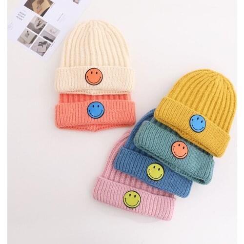 Doitbest 2 to 6 Years old Winter hat for kids beanies Patch smiley Child knit Beanie hats warm baby kid girls Earflap caps