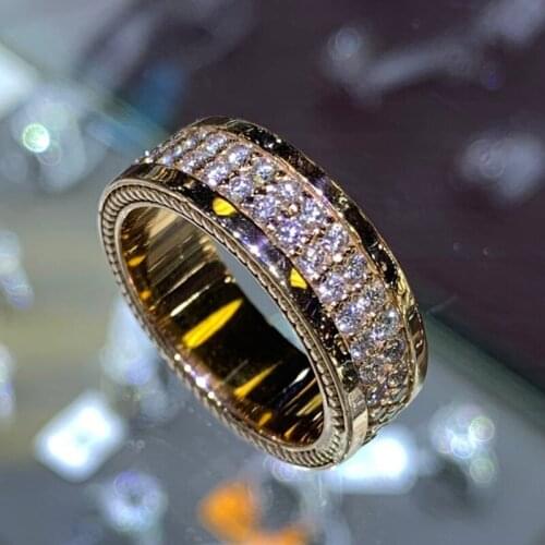 Vintage Gold Plated Symmetrical Two Lines White Stone Band Ring For Women Men Wedding Party Banquet Retro Jewelry K4M849