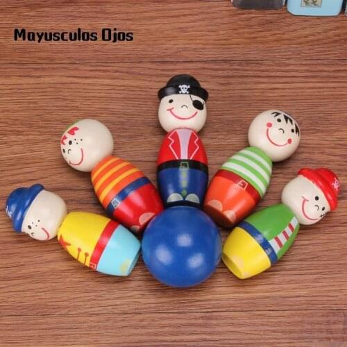 ZH 1Set / 6PCS Wooden Children Indoor Educational Toy Cartoon Pirate Bowling Ball Game Kindergarten 3-7 Years Old