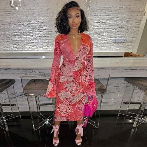 Yellow/red Bandanna Print Sexy Bodycon Dress Women Deep V Neck Long Flare Sleeve Skinny Dresses Autumn Ruched Partywear Dress