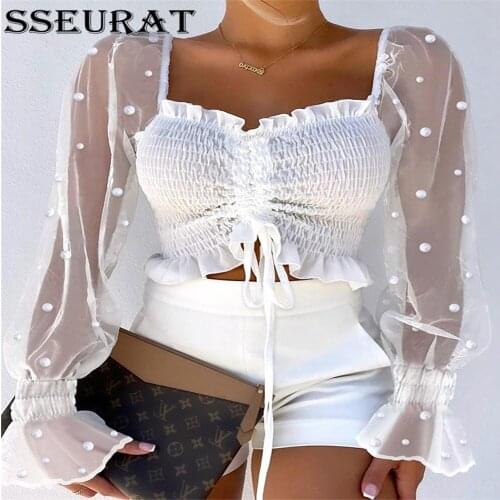 SSEURAT New Sexy Women Mesh Flare Sleeve Shirts Autumn Fashion Sheer Long Sleeve Lace Frill Blouser Tops