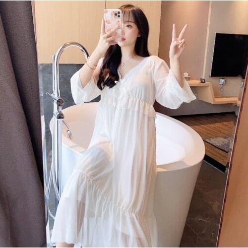 Women Mesh Nightgown Sexy V-Neck Long Nightdress Sweet Lace Bow Home Dress Intimate Pajamas Spring Autumn Casual Sleepwear