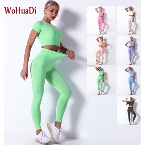 WOHUADI Womens Clothing Sportswear Sport Gym Fitness Workout Female Yoga Set Crop Top Shirt+Leggings Push Up Tight Size Small