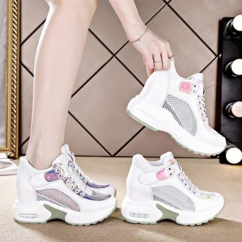 Women Vulcanized Shoes Wedges Air Mesh Openwork Breathable Female Sneakers Lace-Up Thick Bottom Fashion Leisure Ladies Footwear