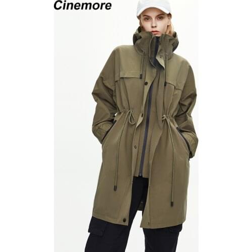 Cinemore 2021 Trench Coat Women Autumn Tooling Windbreaker Casual Loose Fashion Solid Lapel Long Hooded Outerwear Top 82018