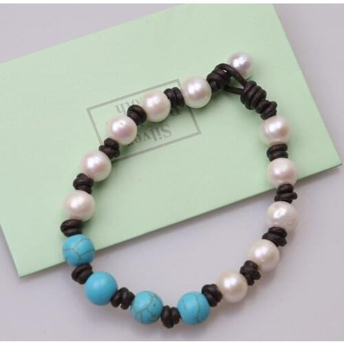 Ambrum Valentines Day Women Pearls Bracelet Bangles for Women,Genuine Leather Cord Jewelry Handmade Girls Bracelet Dropshipping